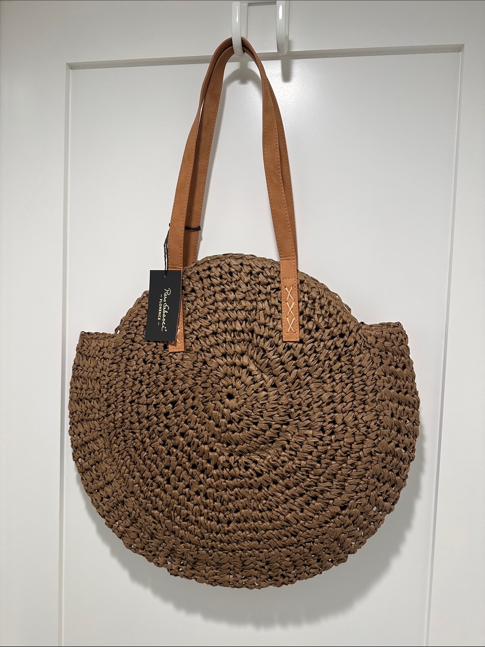 NWT brown paper straw woven purse lined zipper closure.